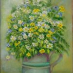 Kytice lučních kvítek v plechové konvičce, olejomalba na plátně