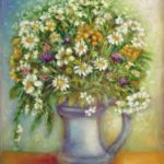 Kytice s lučními květy v lidovém džbánku, olejomalba na plátně