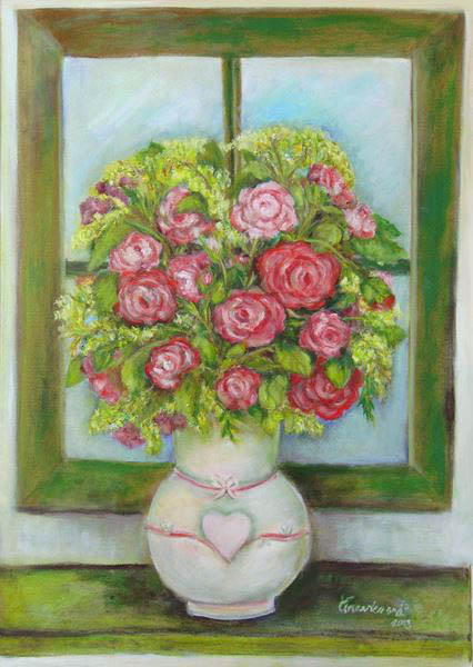 Kytice růží v bílé váze u okna, olejomalba na plátně
