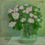 Růžové růže ve skleněné váze, olejomalba na plátně