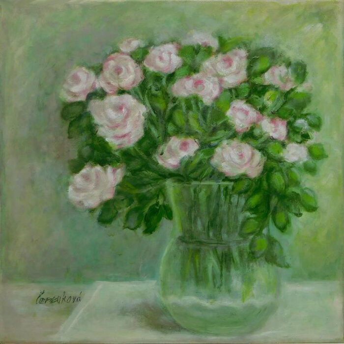 Růžové růže ve skleněné váze, olejomalba na plátně