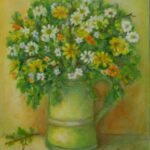 Jarní květy, kytice lučního kvítí v zelené plechové konvičce, olejomalba na plátně