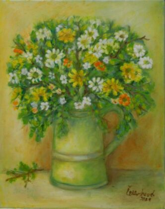 Jarní květy, kytice lučního kvítí v zelené plechové konvičce, olejomalba na plátně