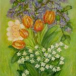 Alegorie jara, jarní nálada, tulipány, konvalinky, šeříky, narcisky, olejomalba na plátně