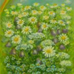 Letní louka, duha, kopretiny, zvonky, pomněnky, olejomalba na plátně