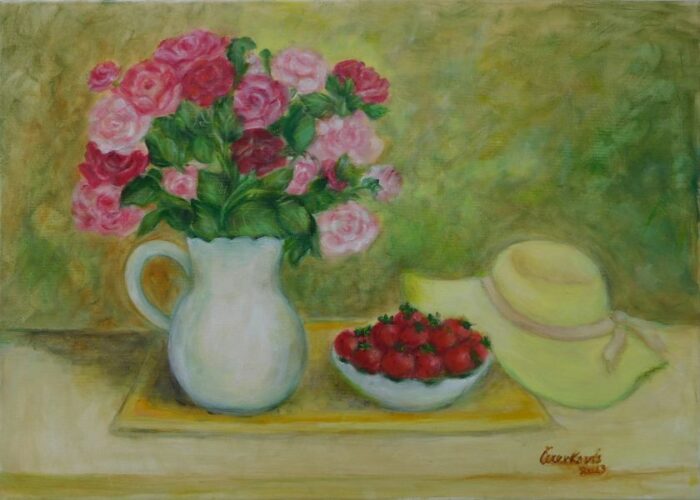 Růže v bílém džbánu, jahody a klobouk, olejomalba na plátně