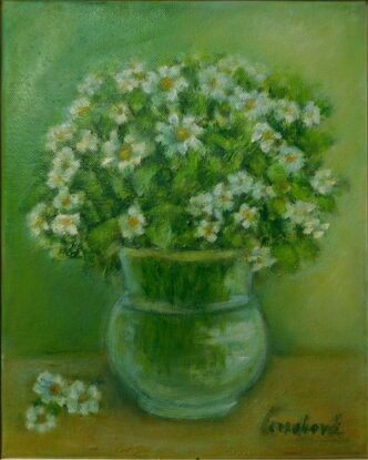 Kopretiny ve skleněné váze, olejomalba na plátně