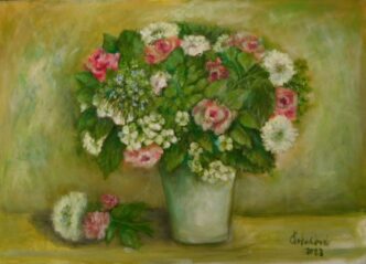 Kytice v bílé váze, olejomalba na plátně