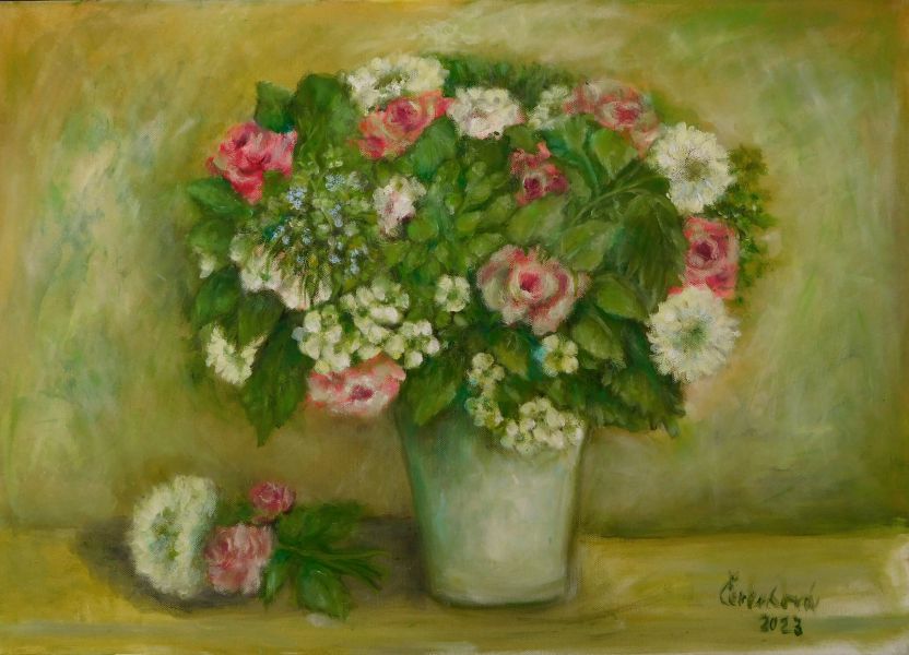 Kytice v bílé váze, olejomalba na plátně