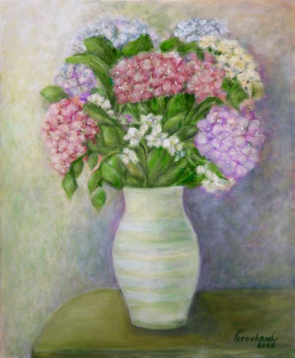 Kytice hortenzií v bílé váze, olejomalba na plátně