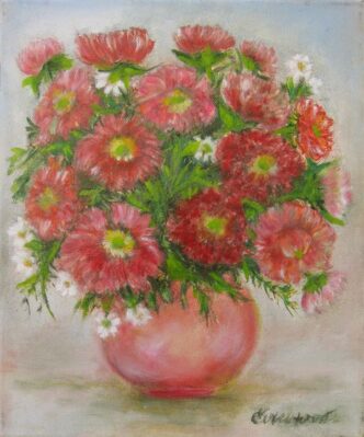 Kytice červených gerber a kopretin ve váze, olejomalba na plátně