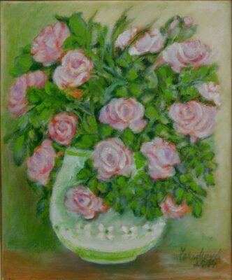 Kytice růžových růží v bílé váze, olejomalba na plátně